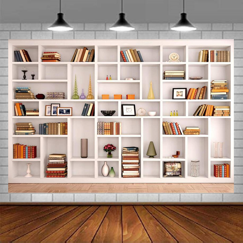 Home Office Zoom Background - White Bookshelf Photography Backdrop Bookcase Office